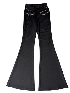 Black Flared Pants With Rhinestone Wave Detailing & Elastic Waistband XS